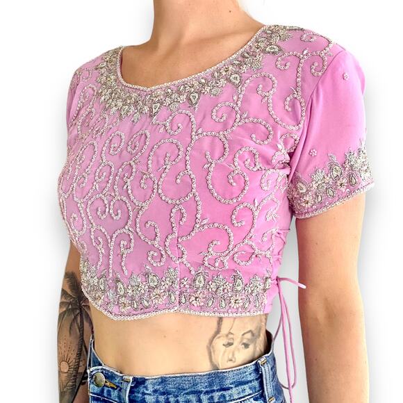 Baby Pink Barbie Embellished Sparkle Beaded Sequin Glitter Corset Tie Crop Top - Picture 5 of 7
